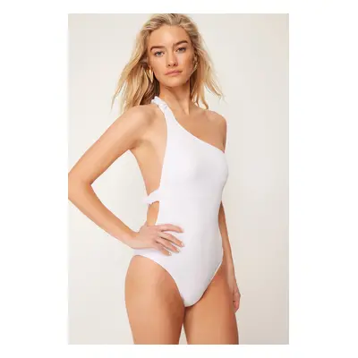 Trendyol White One Shoulder Gathered Textured High Leg Regular Swimsuit