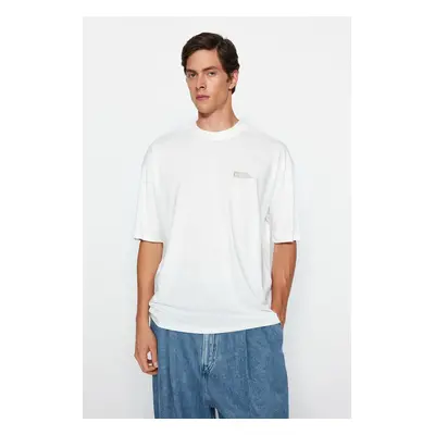 Trendyol Ecru Oversize 100% Cotton Minimal Text Printed T-Shirt