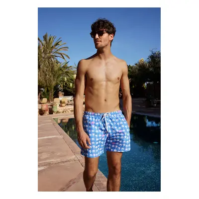 Trendyol Blue Standard Fit Palm Tree Patterned Swim Shorts