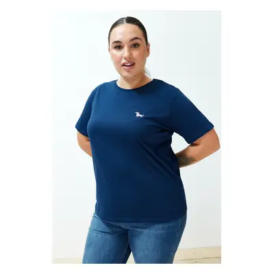 Trendyol Curve Navy Blue Embroidery Detailed Basic 100% Cotton Knitted T-shirt