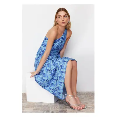 Trendyol Blue Floral Print A-line One Shoulder Midi Woven Dress