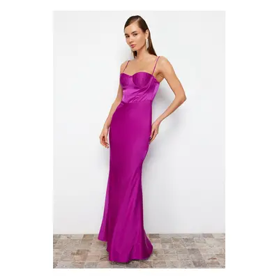 Trendyol Fuchsia Fitted Corset Detailed Woven Satin Long Evening Evening Dress