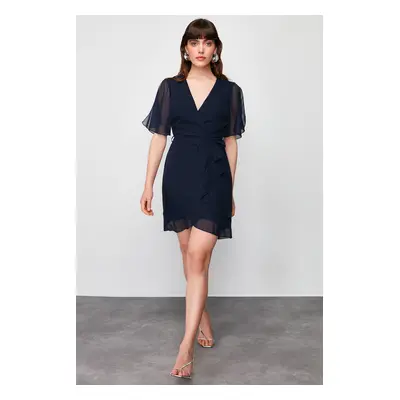 Trendyol Navy Blue Double Breasted Skirt Ruffle Detailed Chiffon Lined Mini Woven Dress