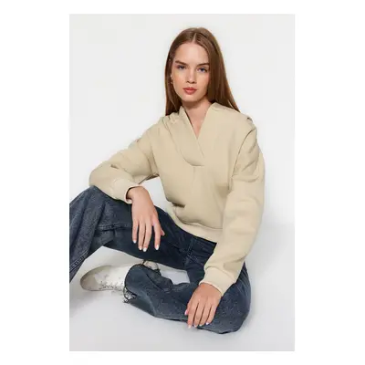 Trendyol Stone Thick Fleece Hooded Comfort Cut Crop Knitted Sweatshirt