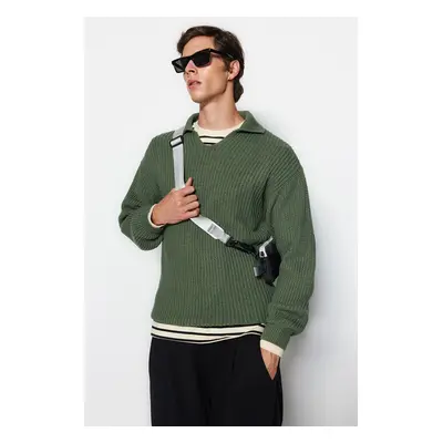 Trendyol Green Casual Unisex Regular Fit Polo Collar Non-Pilling Knitwear Sweater