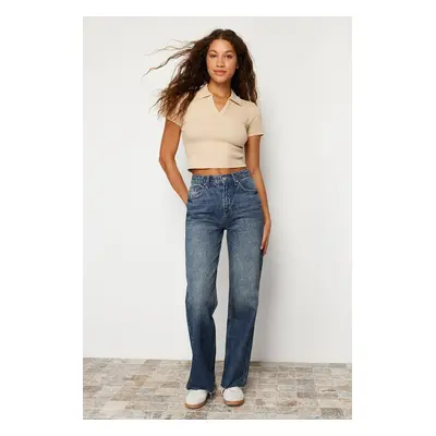 Trendyol Dark Blue Cuff Detailed High Waist Wide Leg Jeans