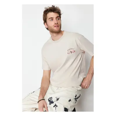 Trendyol Stone Oversize Mushroom Embroidered 100% Cotton T-Shirt