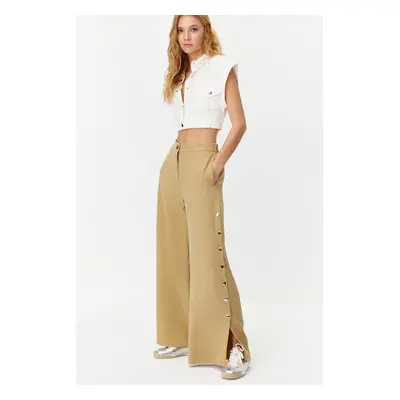 Trendyol Beige Wide Leg Woven Trousers with Side Buttons