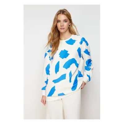 Trendyol White-Blue Patterned Crew Neck Scuba Knitted Sweatshirt