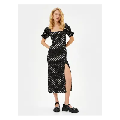 Koton Tie Back Polka Dot Dress Window Detail Midi Length Short Balloon Sleeve Square Neck