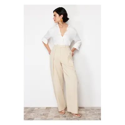 Trendyol Beige Wide Leg Double Pleated Cotton Fabric Woven Trousers