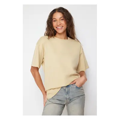 Trendyol Dark Beige 100% Cotton Oversize/Wide Fit Crew Neck Knitted T-Shirt