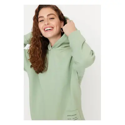 Trendyol Mint Thick Fleece Printed Relaxed/Comfortable Fit Hooded Knitted Sweatshirt