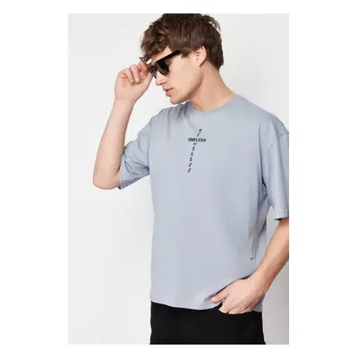 Trendyol Gray Oversize/Wide Cut Puffy Text Printed 100% Cotton T-shirt