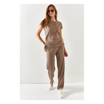 Olalook Women's Mink Gathered Blouse Palazzo Trousers Suit