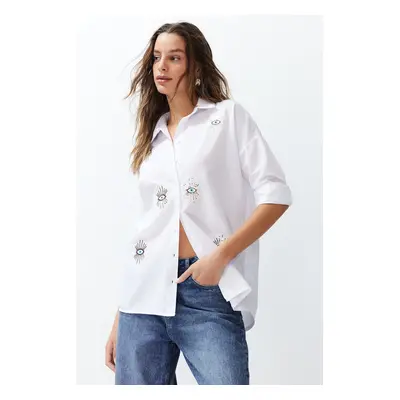 Trendyol Ecru Eye Embroidery Detailed Oversize Wide Fit Woven Shirt