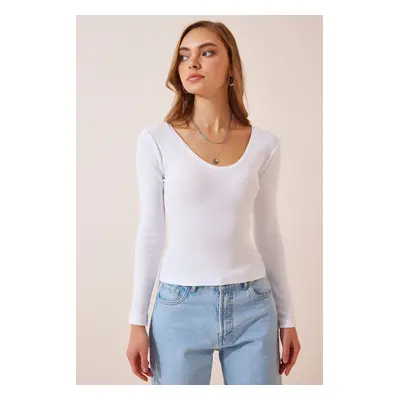 Happiness İstanbul Women's White V-Neck Ribbed Lycra Knitted Blouse