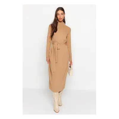 Trendyol Beige Belted Pearl Detailed Long Knitwear Dress