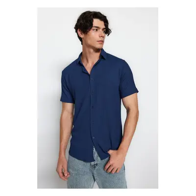 Trendyol Navy Blue Regular Fit Short Sleeve Summer Textured Knitted Shirt