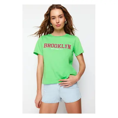 Trendyol Green Cotton Slogan Printed Regular Cut Knitted T-Shirt