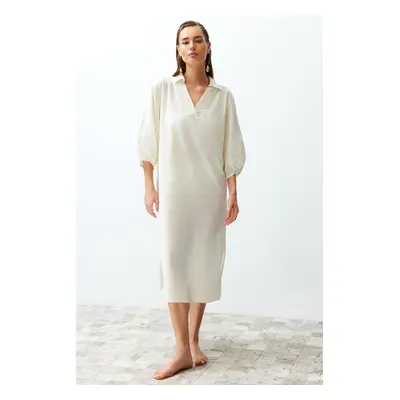 Trendyol Ecru Wide Fit Midi Woven Balloon Sleeve 100% Cotton Beach Dress