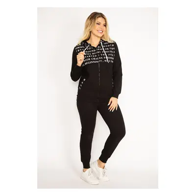 Şans Women's Plus Size Black Zipper And Hood Detailed Printed Tracksuit Set