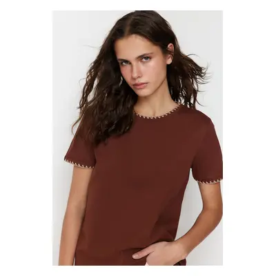 Trendyol Brown 100% Cotton Basic Crew Neck Knitted T-Shirt with Contrast Stitching Detail