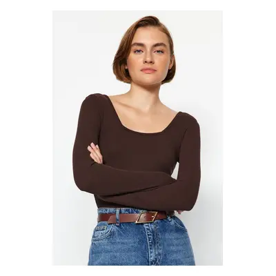 Trendyol Brown Square Collar Long Sleeve Ribbed Flexible Snap Fastener Knitted Bodysuit