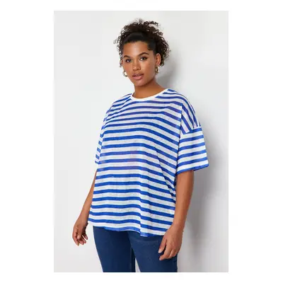 Trendyol Curve White-Blue Striped Transparent Oversize Knitted Linen Look Blouse