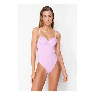 Trendyol Pink V-Neck Tie-Up Premium Fabric Regular Swimsuit