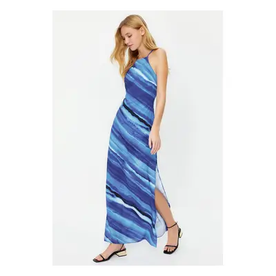 Trendyol Limited Edition Blue Tie-Dye Patterned Straight Cut Sleeveless Maxi Lined Satin Woven D