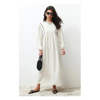 Trendyol Ecru V-Neck Detailed Woven Linen Look Dress