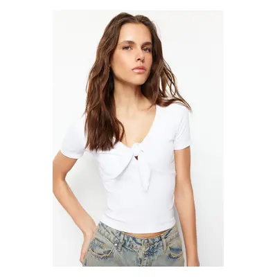 Trendyol White Short Sleeve Tie Detailed Sweetheart Neckline Ribbed Stretchy Knitted Blouse