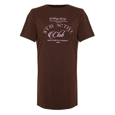 Trendyol Curve Brown Slogan Printed 100% Cotton Knitted T-shirt Dress