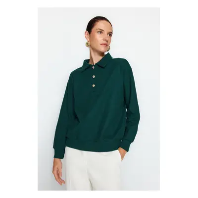 Trendyol Dark Emerald Green Thessaloniki/Knitwear Look Regular Fit Buttoned Knitted Sweatshirt