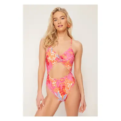 Trendyol Floral Patterned V-Neck Cut Out/Window Regular Swimsuit