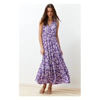 Trendyol Dark Purple Floral A-line V-Neck Sleeveless A-Line Polyester Camisole Maxi Dress