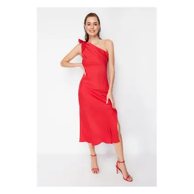 Trendyol Red Sleeve Detailed Woven Satin Elegant Evening Dress