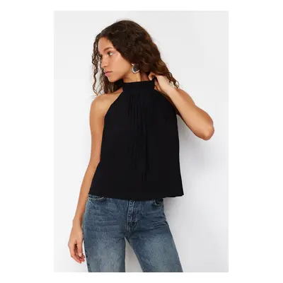 Trendyol Black Pleated Barter Neck Regular/Regular Fit Stretch Knitted Blouse