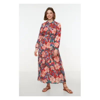 Trendyol Multi Color Floral Pattern Shirt Collar Belted Lined Chiffon Woven Dress