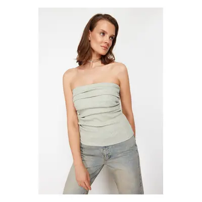 Trendyol Mint Drape Detailed Lurex/Silvery Strapless Elastic Knitted Blouse