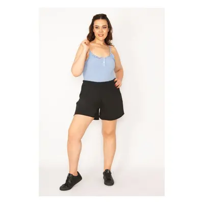 Şans Women's Plus Size Black Shorts with Elastic Waist, Side Pockets