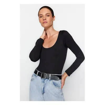 Trendyol Black Slim Snap Fastener Pool Collar Long Sleeve Soft Fabric Flexible Knitted Body