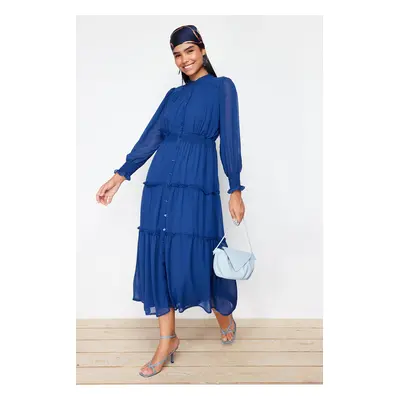 Trendyol Indigo Sleeves and Waist Gipe Detail Lined Chiffon Woven Shirt Dress