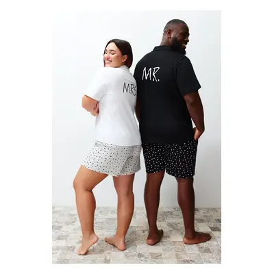 Trendyol Black Regular Fit Printed Couple Knitted Plus Size Pajama Set with Shorts