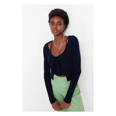 Trendyol Navy Blue Crop Tie részletes blúz- Cardigan kötöttáru öltöny Kötöttáru Cardigan