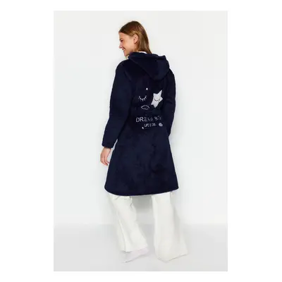 Trendyol Navy Blue Belted Back Embroidery Detailed Hooded Wellsoft Knitted Dressing Gown