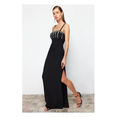 Trendyol Woven Long Evening Dress with Black Stone Accessories