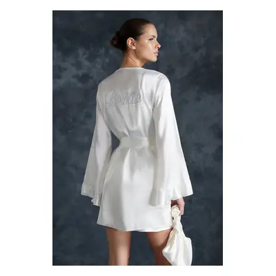 Trendyol Bride White Belted Flounce and Back Embroidery Detailed Satin Woven Dressing Gown with 