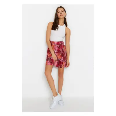 Trendyol Red Printed Open Waist/Skater Normal Waist Pleated Mini Knitted Mini Skirt